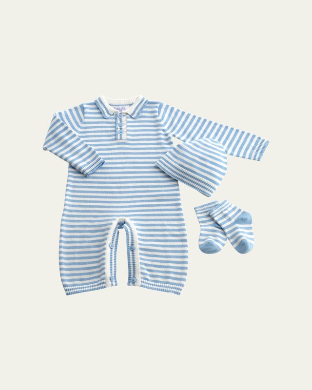 Boy's Knit Striped 3-Piece Playsuit Gift Set, Size 3M-18